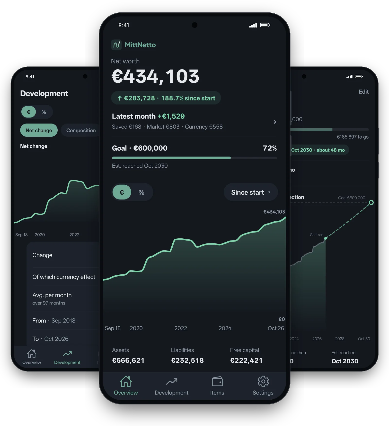 The app on three phones: progress, overview and goal